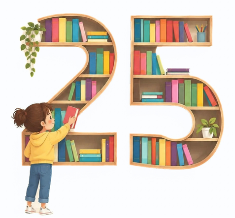 Zahl 25 mit Büchern und Mädchen dekoriert - steht für 25 Jahre Feier