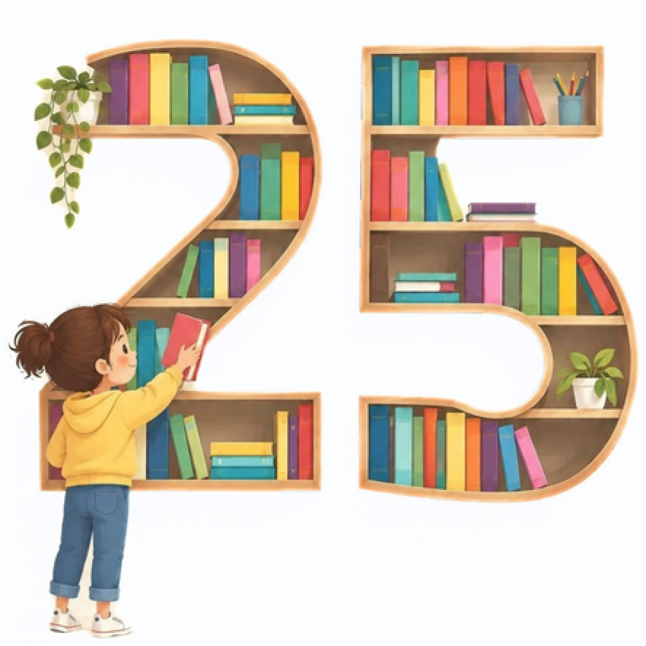 Zahl 25 mit Büchern und Mädchen dekoriert - steht für 25 Jahre Feier