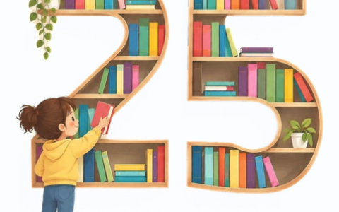 Zahl 25 mit Büchern und Mädchen dekoriert - steht für 25 Jahre Feier